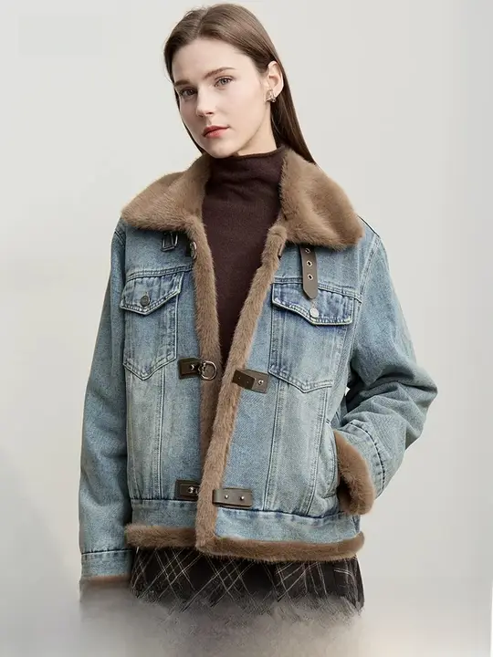ヴィンテージ風デニムジャケット【厚手・フェイクファー裏地・トレンディ】