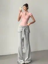 フレアヨガパンツ レディース フェイクレイヤード パッチワーク フリル 紐結び 高ストレッチ ヒップアップ スリム 着痩せ スポーツ カジュアル