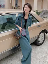 薄手デニムシャツ【夏用・女子向け】とワイドパンツ【高級感あるデザイン・ゆったりフィット】（セットアップ対応）
