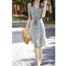 重厚感ある桑蚕絲製Vネックフラワープリントサマードレス【ウエストシェイプ・ティータイム用】