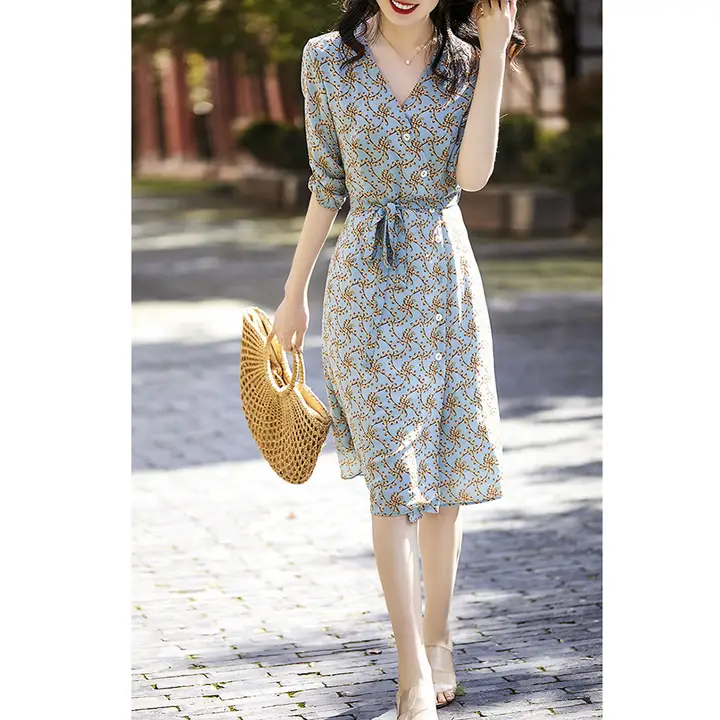 重厚感ある桑蚕絲製Vネックフラワープリントサマードレス【ウエストシェイプ・ティータイム用】
