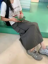 レトロ工装デザインのハイウエストAラインスカート【春用・ロング丈・スリム効果】