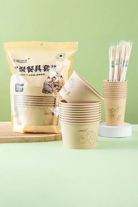 使い捨て食器セット【キャンプ・ピクニック用・食品グレード・皿と箸・牛皮紙ボウル】（セットアップ対応）