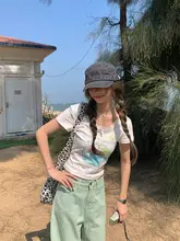 小魚缸プリントのワイドネックフィットTシャツ【フロントリボン・ショート丈・夏用・短袖】