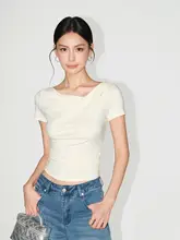 不規則デザインの斜めショルダー短袖Tシャツ【ウエストシェイプ・ラッセル素材】