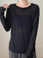 黒のラウンドネック長袖日焼け防止シャツ【透け感・フィット・ミディ丈】