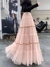 春らしい印象のピンクチュールスカート【ロング丈・Aライン・極上の柔らかさ】（セットアップ対応）