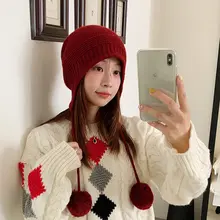 100%ウール耳保護ニット帽【冬用・かわいいポンポン付き・防寒・ターバンスタイル】（セットアップ対応）
