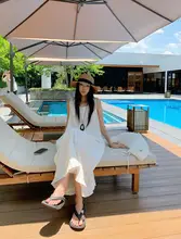 レディース 夏用 白色 フリルデザイン コットンマキシドレス【シンプル・リゾートスタイル】