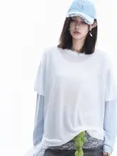 小球デザインのアメリカンスタイル偽二重Tシャツ【女性用・夏・ルーズフィット・カップル対応・長袖】（セットアップ対応）