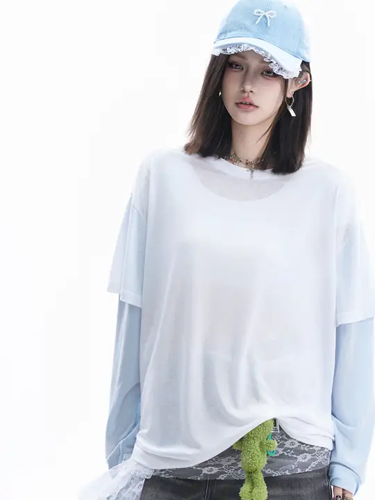 小球デザインのアメリカンスタイル偽二重Tシャツ【女性用・夏・ルーズフィット・カップル対応・長袖】（セットアップ対応）