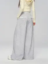 レース切り替えのグレー ワイドレッグパンツ【春用・・ルーズストレート】（セットアップ対応）