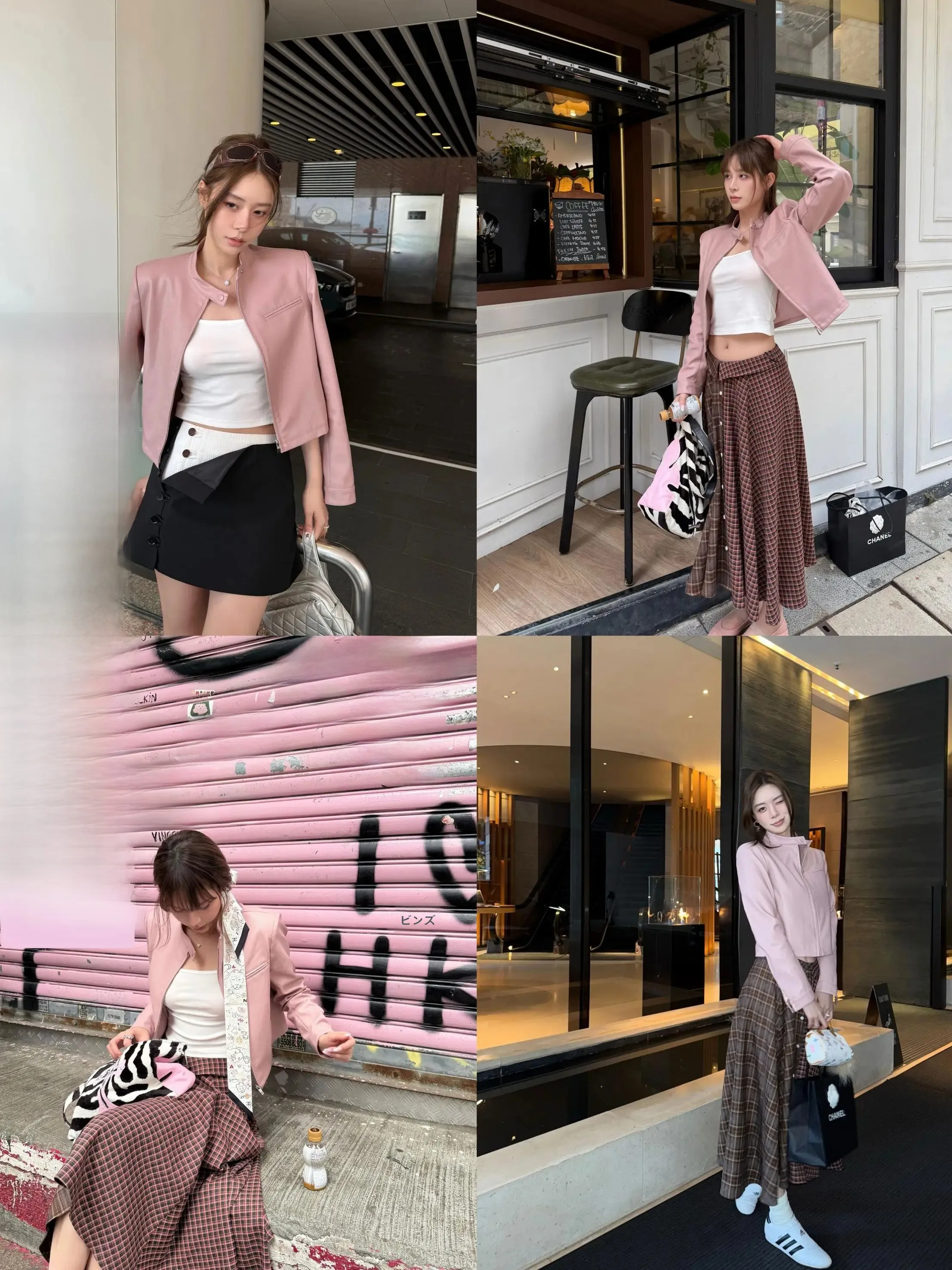 春の花のようなピンクの皮革シャツとチェック柄フレアスカート：20代女性向けの春コーデに最適な2wayセット