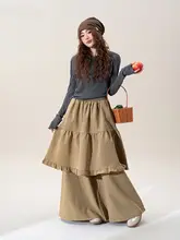 春のコーデに最適！ウエストフリルデザインのカーキ色スカーチョ【直筒・カジュアル】（セットアップ対応）