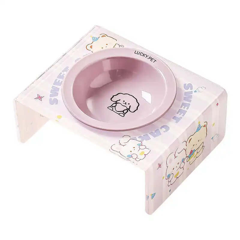 可愛い猫デザインの陶器製ペット用食器セット：高さ調整とアクリルスタンドで快適な食事環境を実現