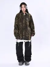 OV 春季用 ヴィンテージ風レオパード柄 ウォッシュドデニムジャケット【ユニセックス・ルーズフィット・カジュアル】