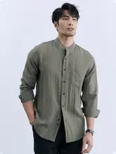 リネン長袖シャツ【白・ビジネスカジュアル・薄手・ゆったりシルエット・立襟】
