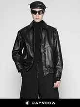 RAYSHOW ヴィンテージ風 ライチパターン ワイドフィット ショートレザージャケット