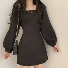 春季シックなドレス【フレンチスタイル・スクエアネック・ウエスト絞り・スリムフィット】