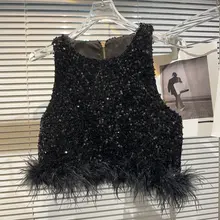 小香風ファーエッジ光沢チェーンジッパータンクトップ【冬用・ラメ装飾・女性用】