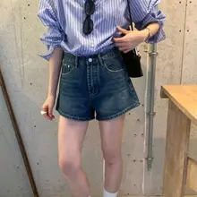 ハイウエストデニムショートパンツ【韓国風・レトロデザイン・春夏用】（セットアップ対応）