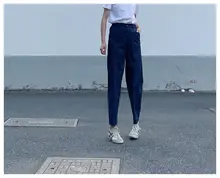高品質な女性用ハイウエストストレートパンツ【深藍色・9分丈・シンプルデザイン】