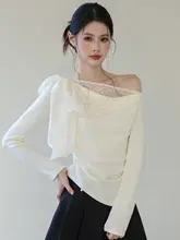 フレンチスタイルのリボン付きレース切替長袖Tシャツ【不規則デザイン・春用】