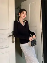 輝くビーズのハイネックニットセーター【優雅なツイストデザイン・フランス風・女 性用】（セットアップ対応）