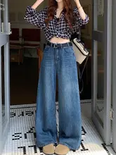 深い青色のヴィンテージ風ワイドレッグデニムパンツ【秋用・ハイウエスト・カジュアルロングパンツ】