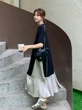 黒の風 プリント切替 ドレス【 ラウンドネック・Aライン・女性用】
