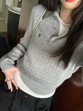 学院風ポロ襟ツイストニットトップス【女性用・長袖・フィットデザイン】