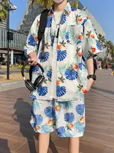 リゾートスタイル メンズ 半袖花柄シャツとショートパンツ【海辺の休日・速乾性・涼感】（セットアップ対応）