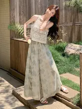 リゾート風のラフな印象！レースとプリントのシフォンス カートパンツ【キャミソール付き・夏用】（セットアップ対応）