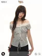 バイカラー チェック柄 シャツ【女性用・リボン付き・ウエストマーク・夏用】（セットアップ対応）