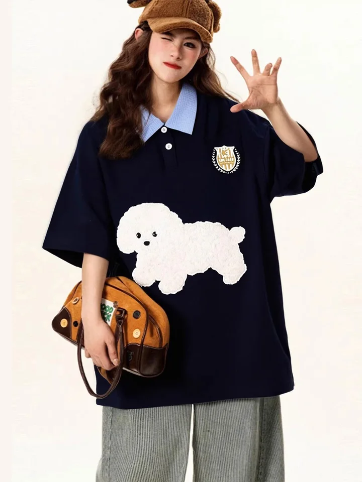 夏に最適な大きいサイズのブルーショートTシャツ【ポロ襟・カジュアルスタイル・学生風】（セットアップ対応）
