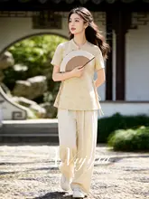 新中式デザインの盤扣ブラウスとワイドパンツ【夏用・大きいサイズ・スタイリッシュ】（セットアップ対応）