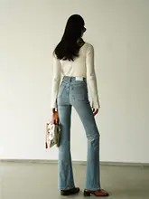 春秋用ハイウエスト青デニムパンツ【ストレッチ・フレア・スリムフィット】