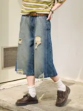 ダメージデザインの膝下デニムショートパンツ【フィット・夏用】
