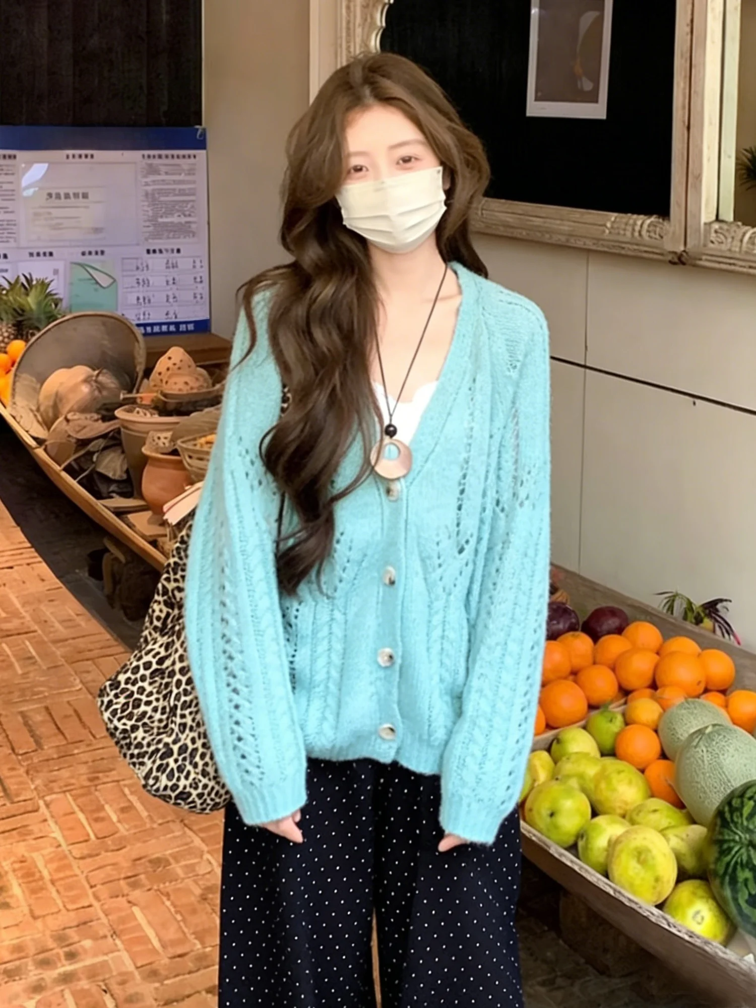 マイハイ毛透かし編みカーディガン：春夏のゆったりスタイルに最適な通勤風デザイン