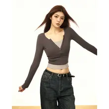 AAISUP 美式レトロデザイン レディース長袖Tシャツ【春秋用・2重構造・カジュアル】
