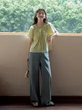 刺繍入り短袖Vネックシャツ【夏用・海沫緑・レディース・シフォン】