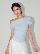 斜め肩デザインの短袖Tシャツ【女性用・収縮ウエスト・夏用・お洒落なニット・ショート丈】