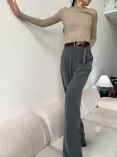 猫境 グレーウールハイウエストストレートパンツ【秋冬用・フィット・シンプルデザイン】