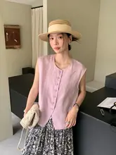 シンプルデザインのラウンドネックノースリーブリネントップス【ファッショナブル・気品あるデザイン】
