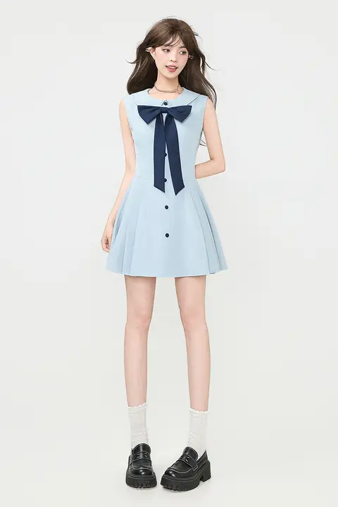 ミニワンピース レディース ノースリーブ 2WAY ブルー きれいめ フェミニン 夏 「KEIKO」