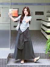 韓流 Tシャツ スカート セットアップ 2点セット レディース アシンメトリー カーゴスカート 甘辛MIX きれいめ 上品 夏