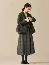オリジナル英国風チェック柄ウール混紡ミモレ丈スカート【冬用・Aライン・気質デザイン】