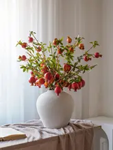 リアルな石榴と柿のフラワーアレンジメント【インテリア装飾用・花瓶付き・リビングや玄関に最適】
