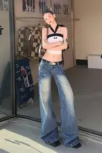ヴィンテージ風ローライズストレートジーンズ【女性用・ハイストリートスタイル・スリムフィット】
