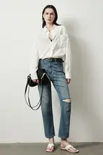 因由 夏用 ニットデニム パンツ【レディース・ハイウエスト・ストレート・9分丈・伸縮性・ルーズフィット】